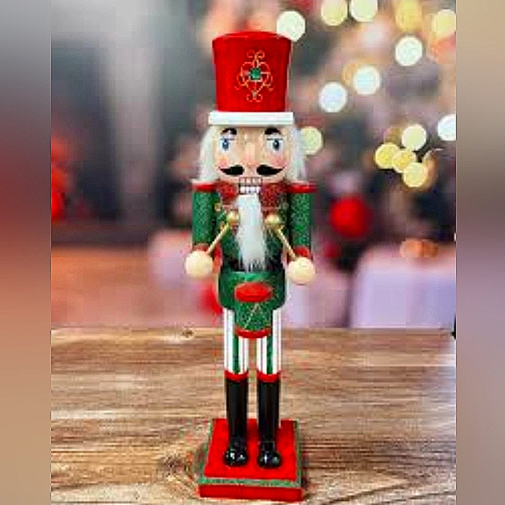 NEW 12" Christmas Glittered Green Wooden Nutcracker Soldier w Drum Holiday Decor